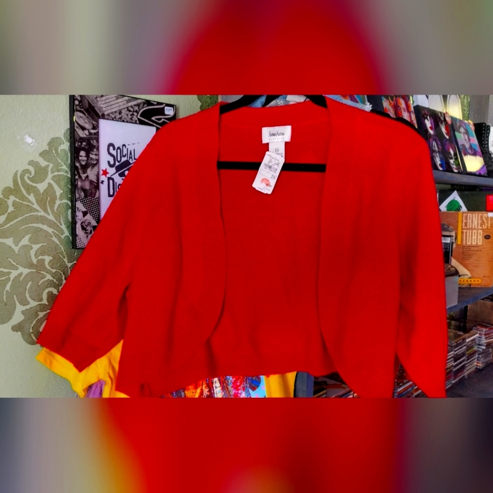 Vintage Neiman Marcus cashmere red shrug cardigan 2X Flaw